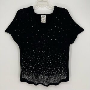 Vocal Women Top Hoodie Small Black Short Sleeve Rhinestones Waffle Weave Stretch
